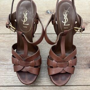 YSL Yves Saint Laurent -Tribute Platform Sandal Heel Cognac Leather 36.5 Italy